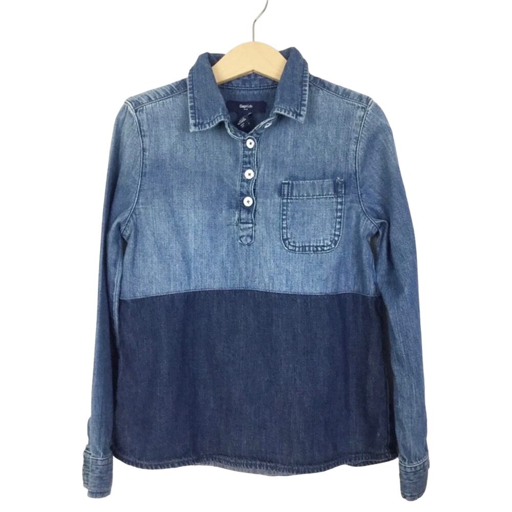 Gap Kids Two-Tone Blue Chambray Color Block Popover Top Small 6-7
